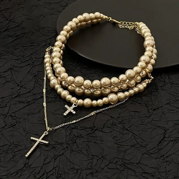 Vintage Style Pearl Layered Choker & Gold Cross Pendant Necklace Set - Picture 6 of 6